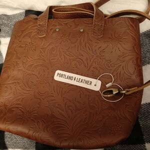 Portland Leather Floral Embossed Tan Tote 9" Deep 10" Wide In Front 4" Base